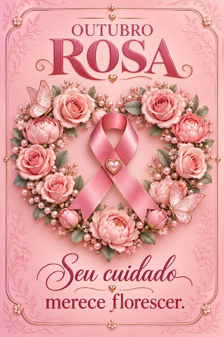 Cartão Outubro Rosa com guirlanda de rosas, laço rosa central, pequenas borboletas e mensagem sobre cuidado